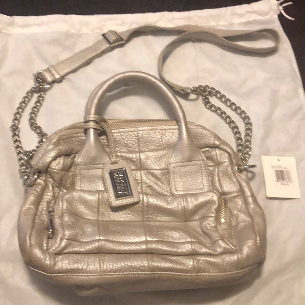 Badgley Mischo’s silver pearl leather purse